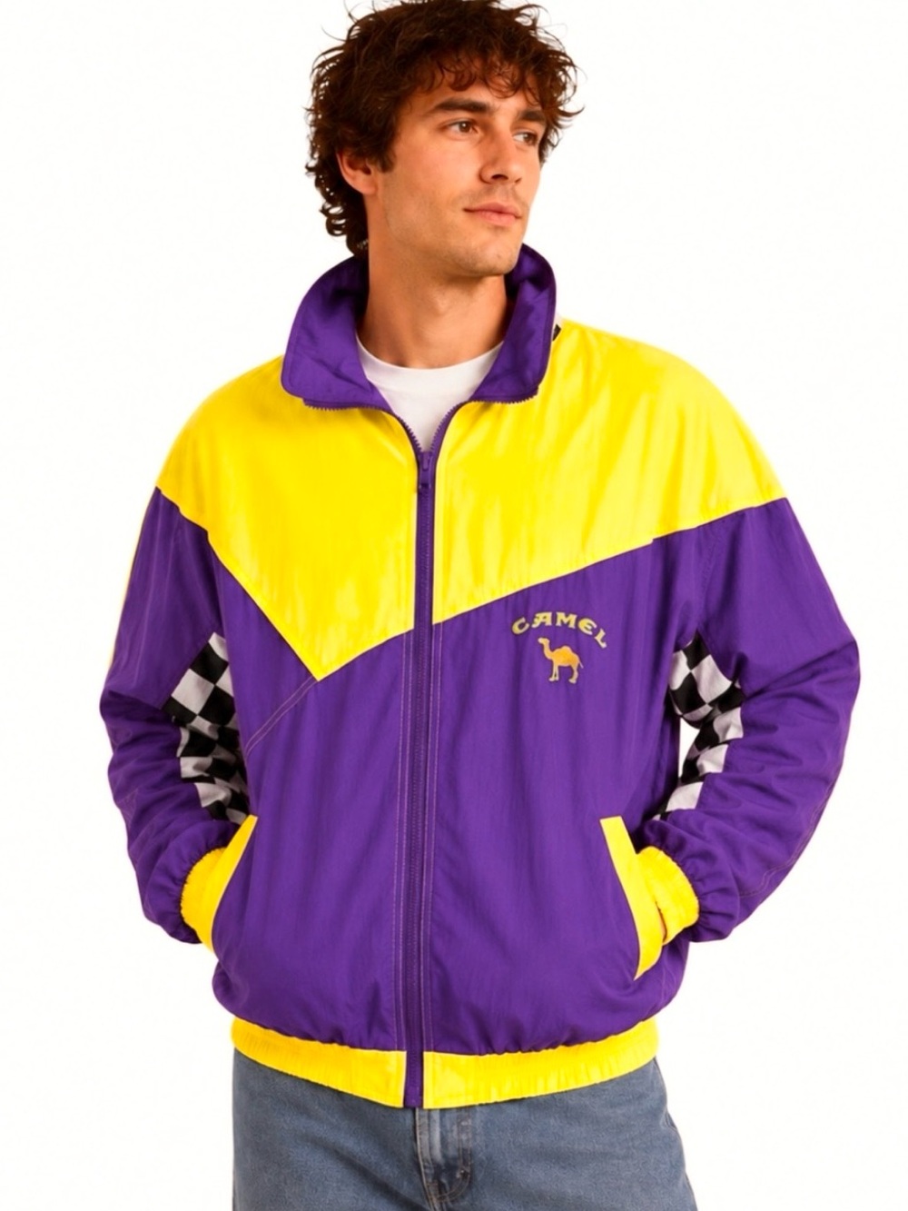 Vintage 90s Camel Smokin Joe's NASCAR Racing Windbreaker Jacket Purple Yellow XL